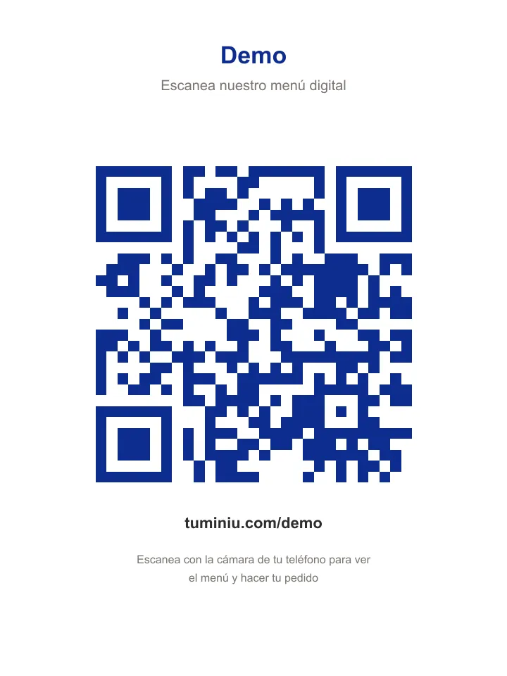 Pieza descargable con el código QR del menú digital, el logo del restaurante y la URL para escanear